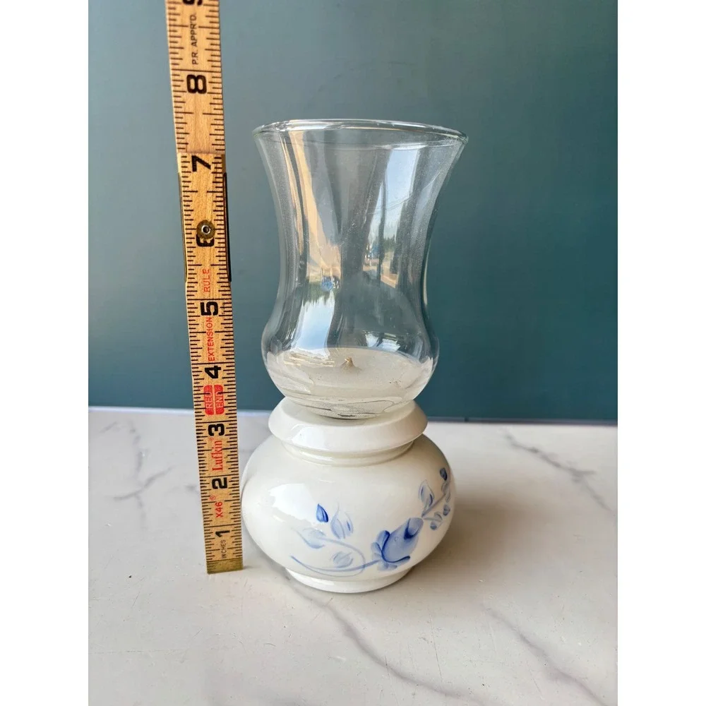Vintage Hurricane Candle Holder Blue Floral Ceramic Hand Painted USA